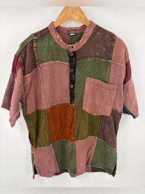 Earthbound Trading Co patchwork earth tone short sleeve camp shirt unisex L